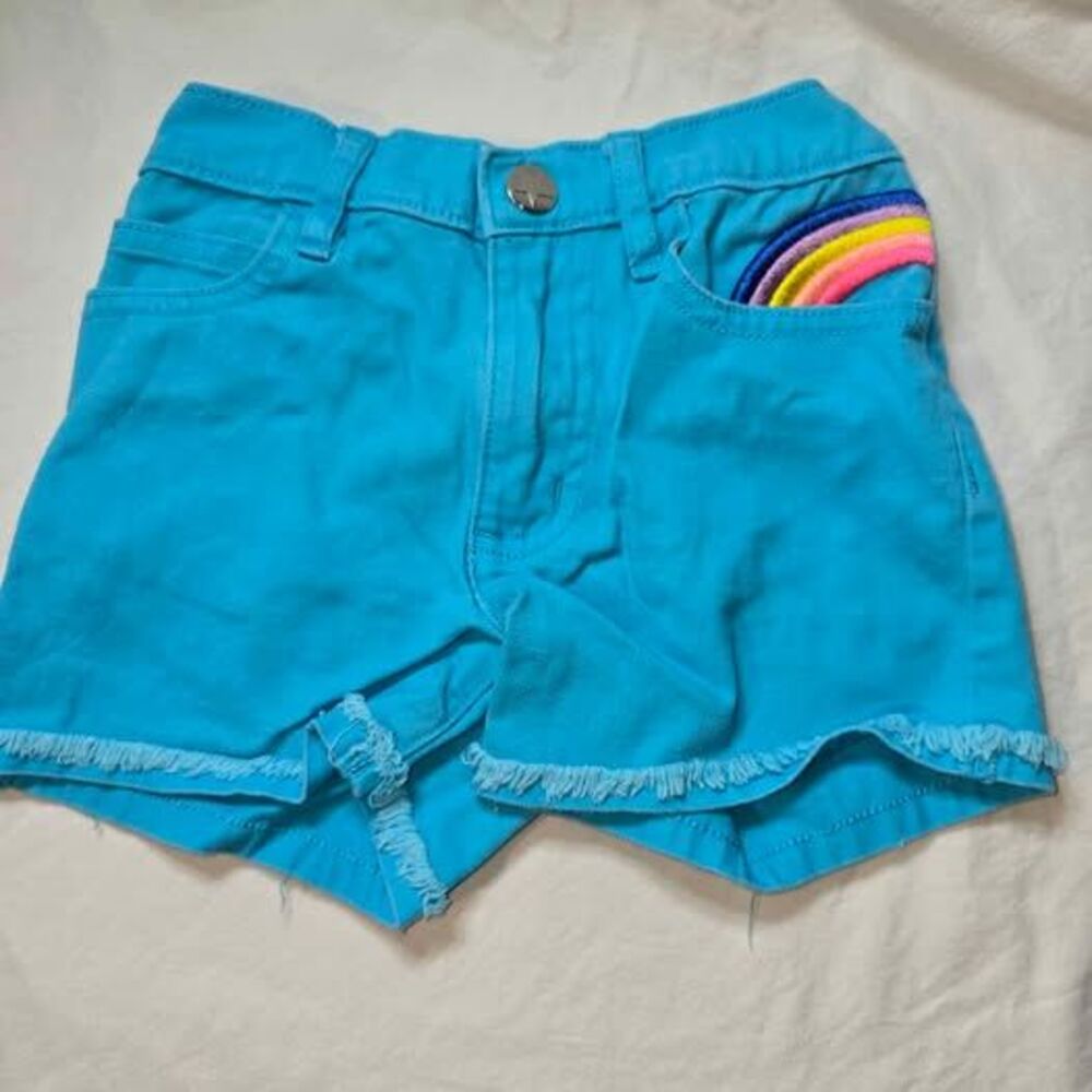 Size 4 Girls  Blue Jean shorts rainbow pockets 365 kids